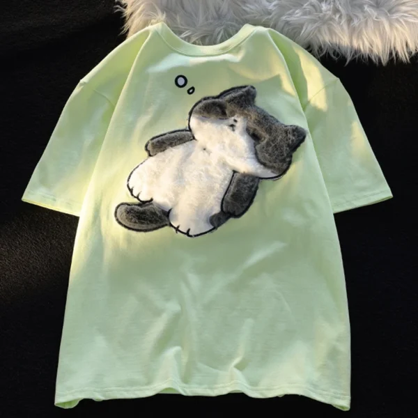 2024 Summer New Cartoon Cat Women's T-shirt Korean Simple Casual Women's Short Sleeve T-shirt Fun Sweet Cute Y2K Tops - Image 4