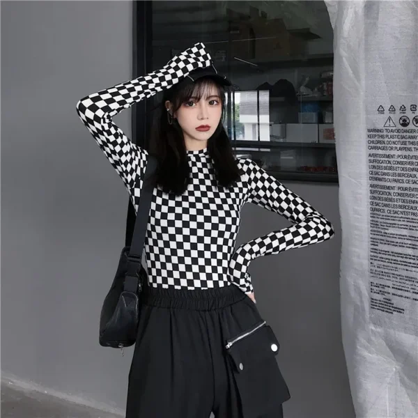 Black & White Checkered Mesh Top Long Sleeve Mock Neck Cropped Top Women's T-shirts Altgirl Outfit / - Image 5