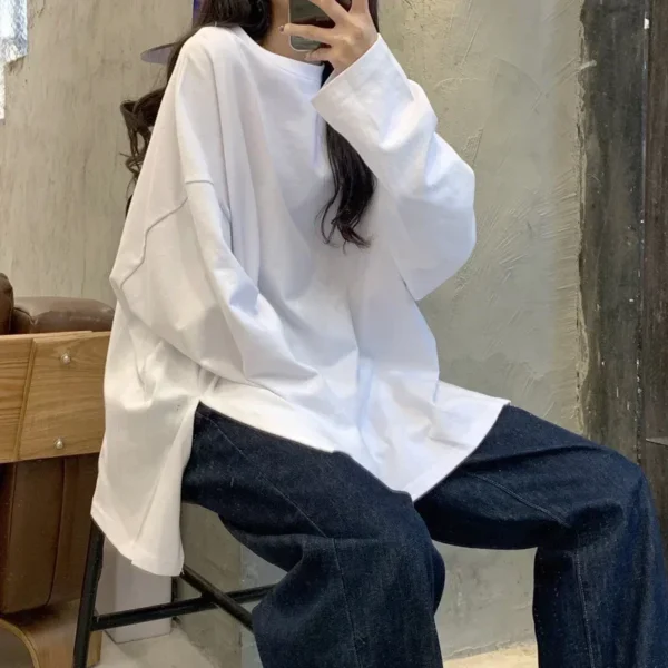 Harajuku Long T Shirt Spring Autumn Solid Simple Oversized T-shirt for Women Goth T-shirts Split White Black Long Sleeve Tops - Image 2