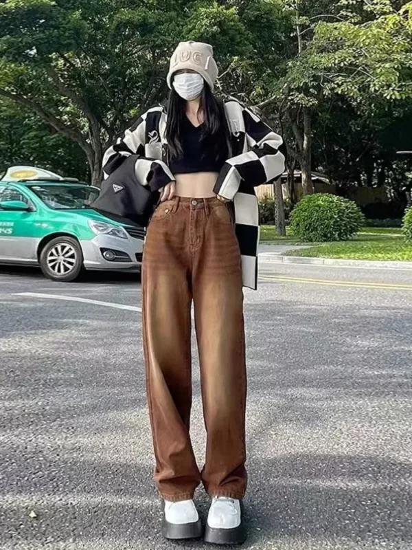 Feynzz European And American Retro Brown Jeans Women's Spring And Autumn High-waisted Straight-leg Loose And Thin Wide-leg Pants - Image 3