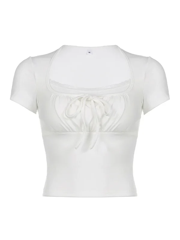 Casual White Knitted Lac Patched Female T-shirts Y2K Korean Style Slim Tie Up Shirring Summer Top Tee Folds Outfits - Image 5