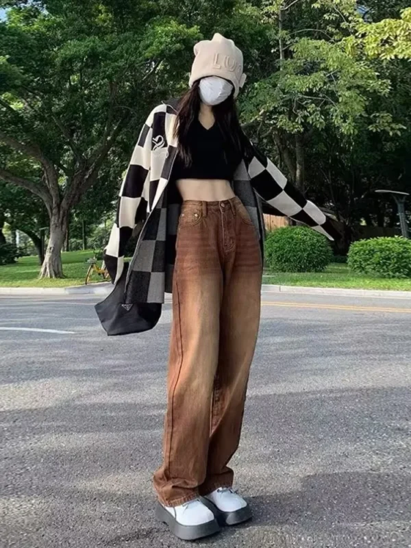 Feynzz European And American Retro Brown Jeans Women's Spring And Autumn High-waisted Straight-leg Loose And Thin Wide-leg Pants